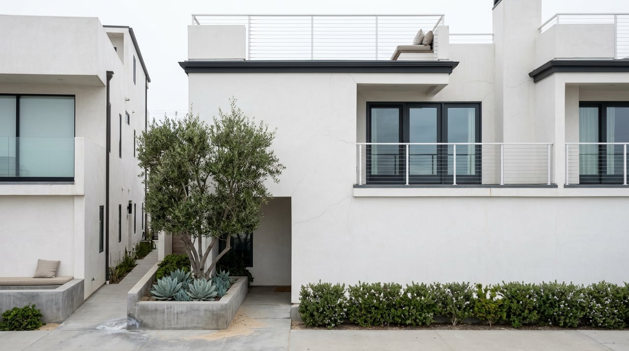Multi-level white stucco coastal residence with cable-railed balconies, sliding glass doors, and an olive tree in a raised planter.
