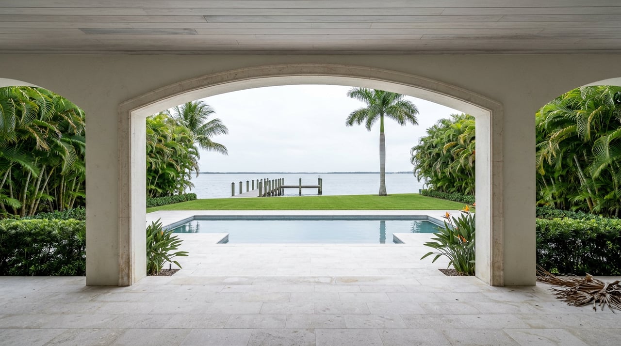Stucco archway frames a waterfront terrace with a still pool, lawn, private dock, and palms.