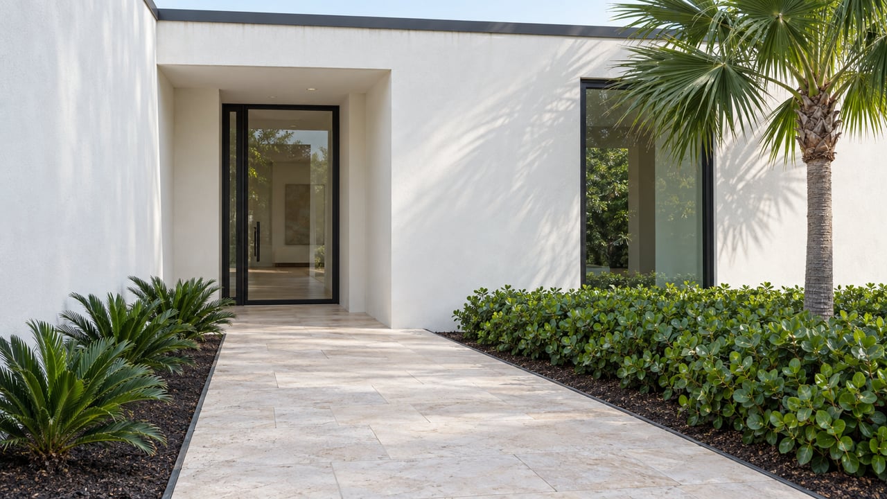 Contemporary stucco home entry with a limestone walk, dark pivot door, and fan palm beside a tall window.