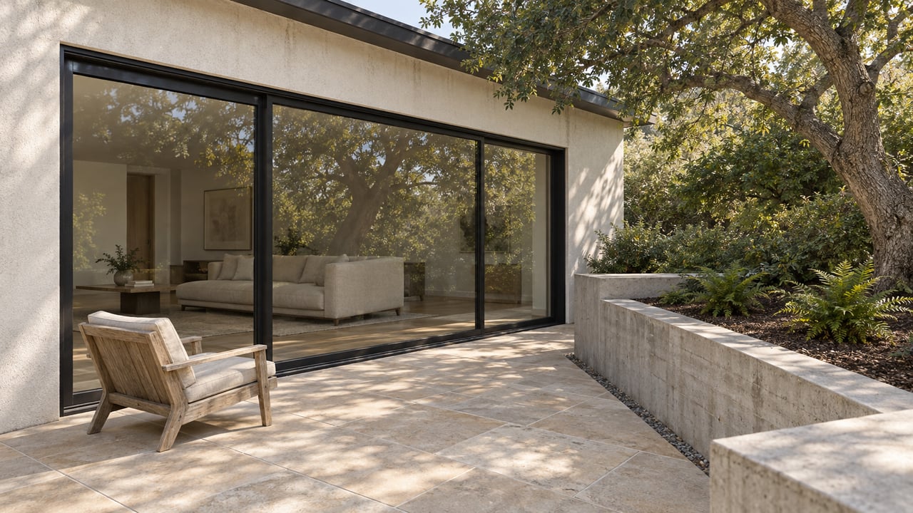 Modern home patio with sliding glass doors, a wooden lounge chair, and a raised garden planter.