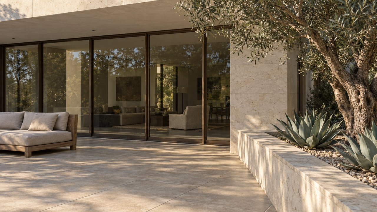Limestone-clad home's covered terrace with bronze-framed glass, a teak sofa, and an olive tree in a raised stone planter.