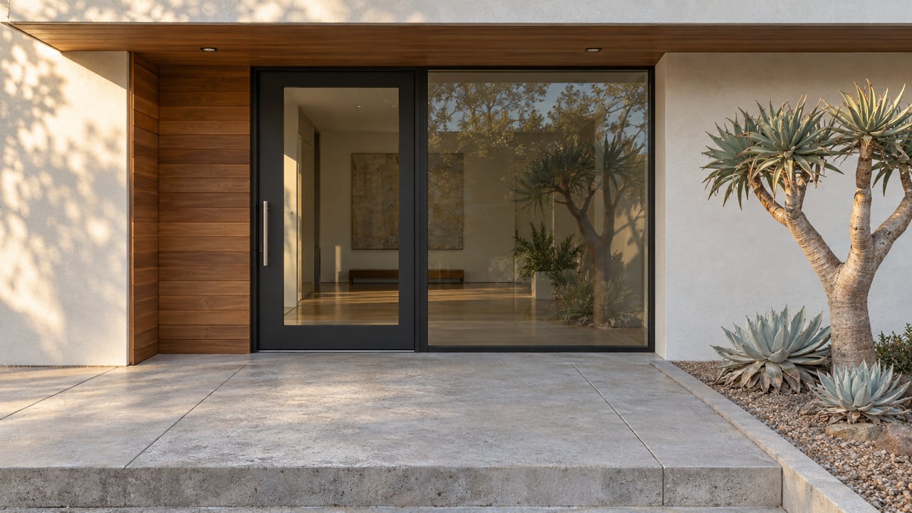 Warm wood and pale stucco entry with black-framed glass, a concrete landing and sculptural aloe in a gravel bed.