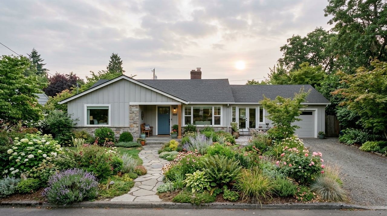 A weathered off-white cottage beneath oak branches, with a curving gravel path, stone wall, and drought-tolerant garden.