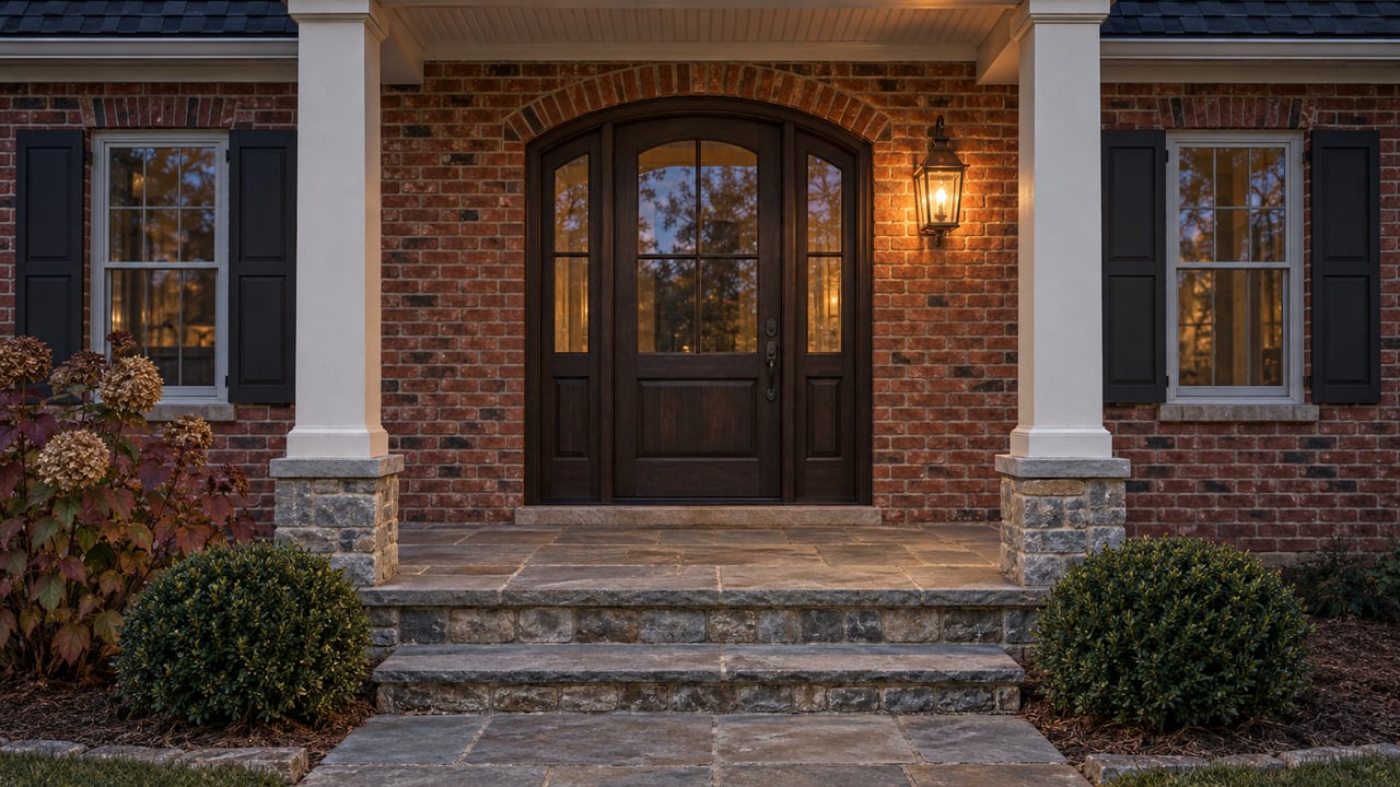 Red-brick home with an arched oak entry, paired shuttered windows, and a softly lit flagstone porch at twilight.