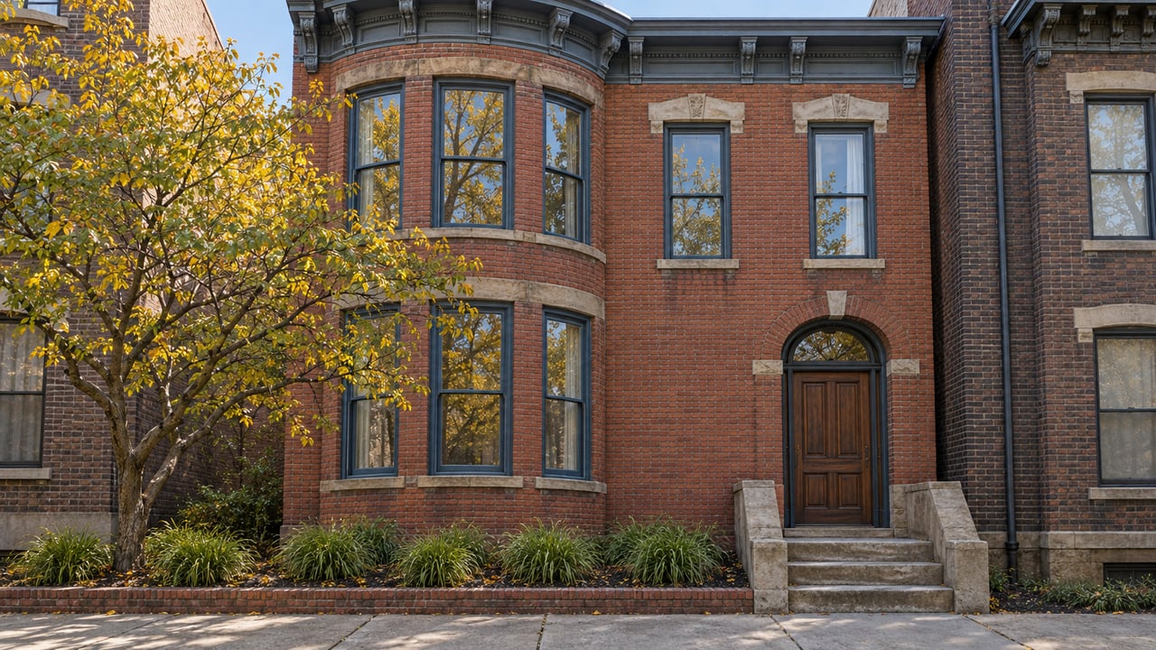 Red-brick rowhouse with a rounded blue-trimmed bay, limestone stoop and a small redbud garden in afternoon light.