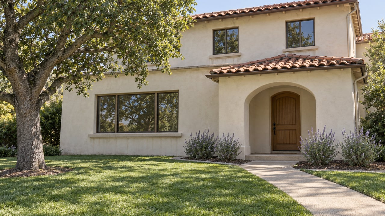 Cream stucco home with a terracotta tile roof, recessed arched doorway and mature oak beside a broad front lawn.