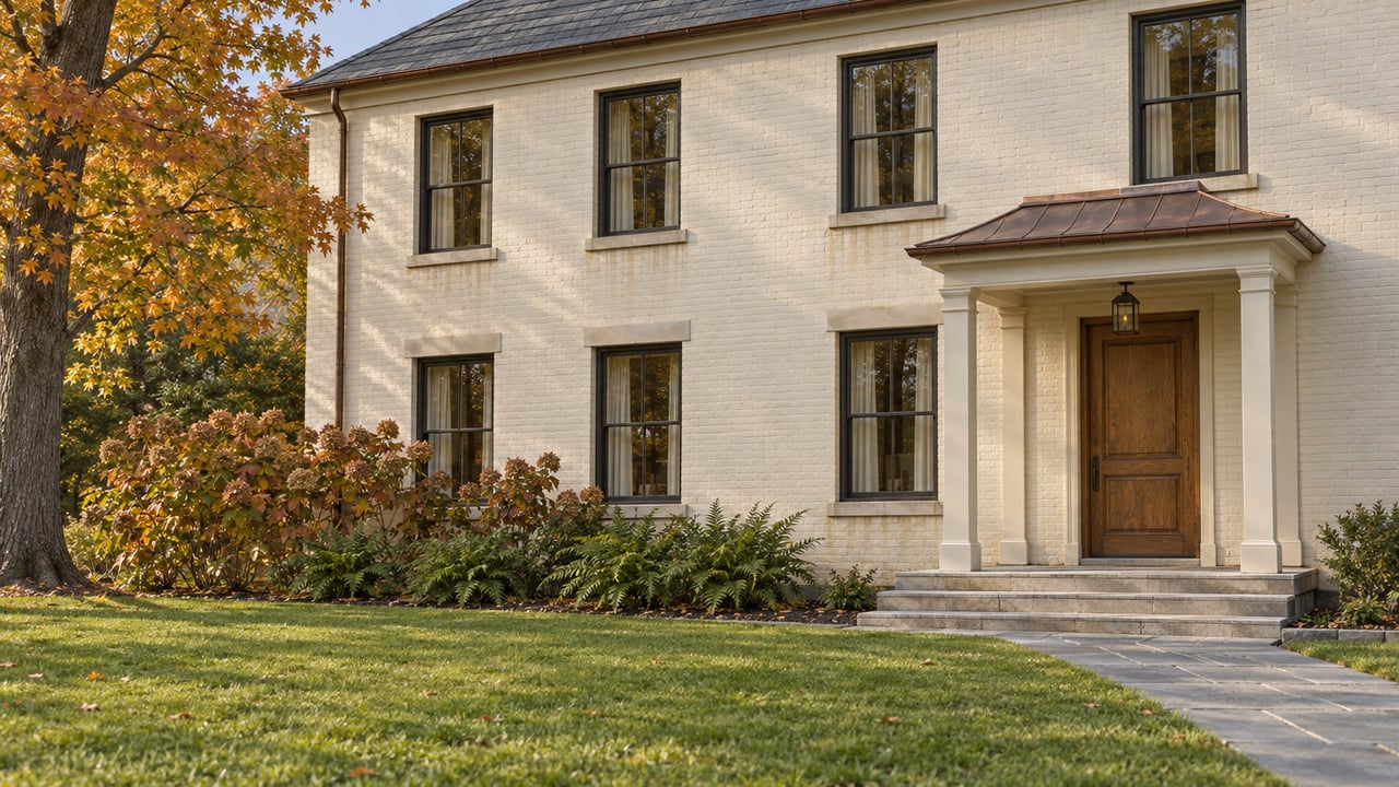Cream-painted brick home with dark windows, an oak entrance, limestone steps and an autumn lawn.