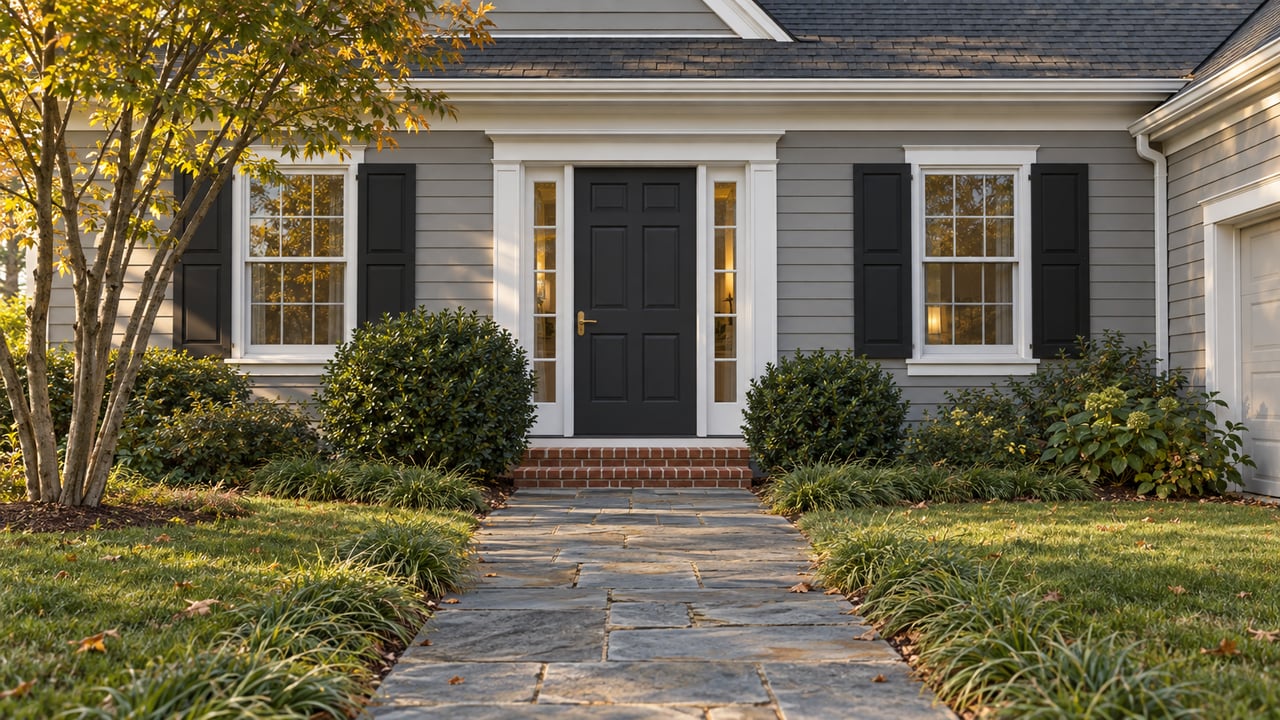 Formal home entry with a charcoal door, divided-glass sidelights, bluestone walk, clipped shrubs, and leafy tree.