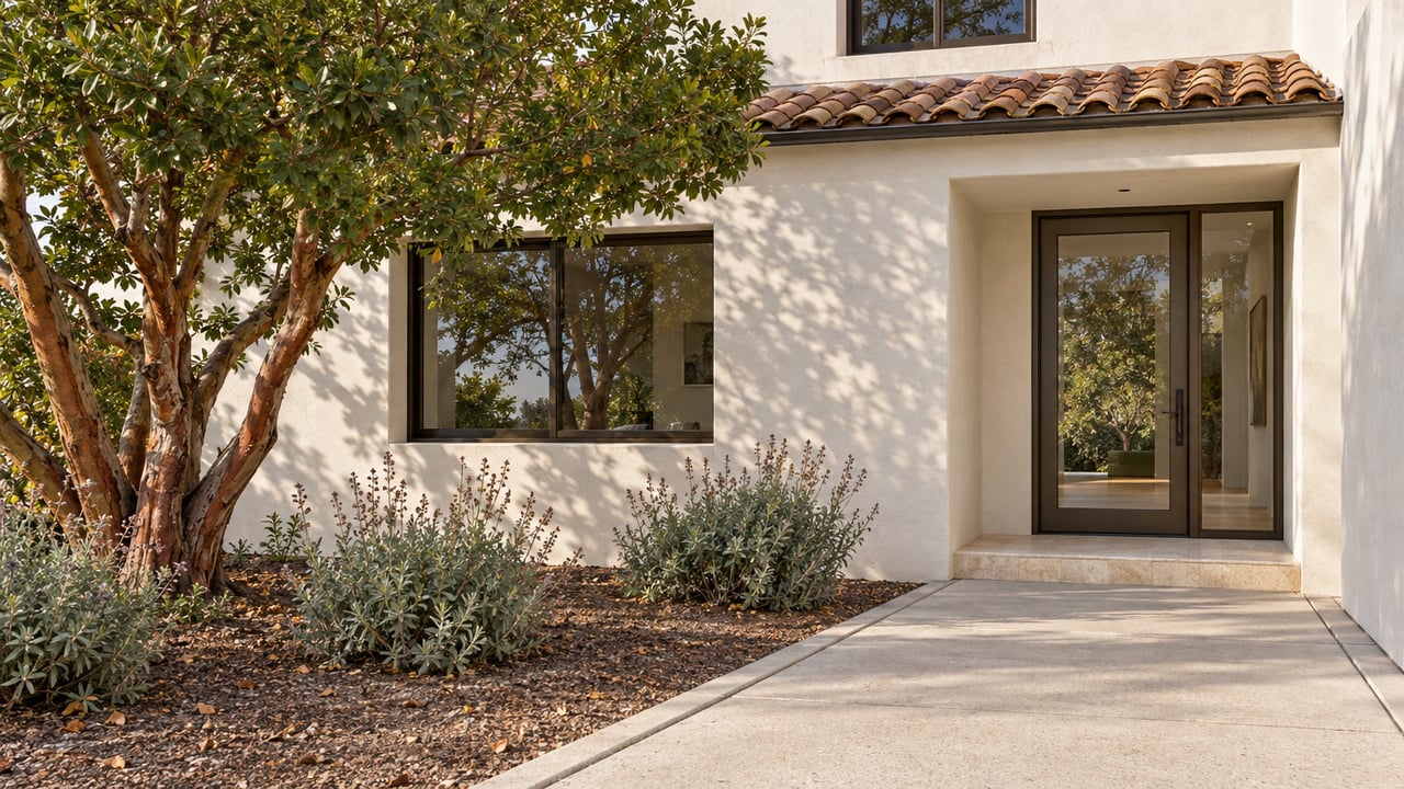 Warm-white stucco home with a clay-tile roof, bronze-framed glazed entrance, pale concrete approach and a sculptural strawberry tree.