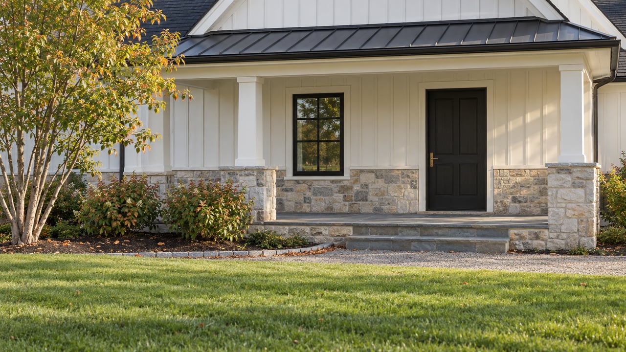 White gabled house with a raised columned porch, limestone facade, bluestone steps, and lawn bordered by copper-edged shrubs.