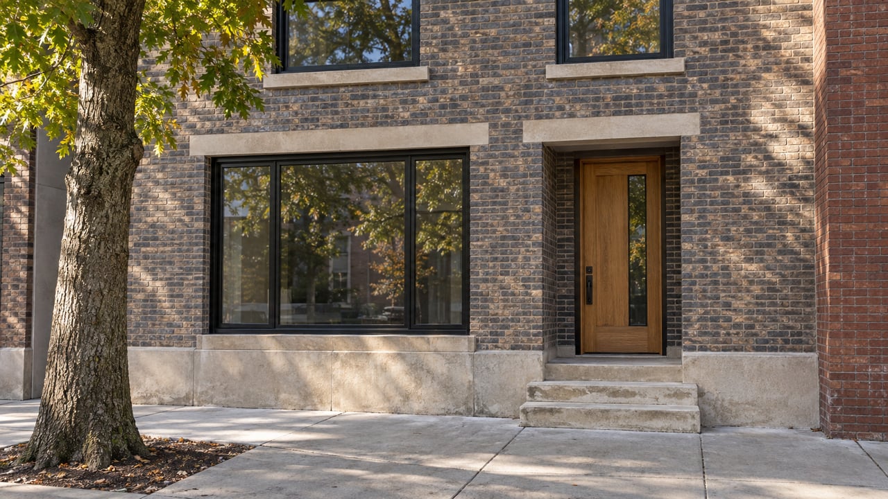 Attached brick townhouse with an oak canopy, black-framed windows, oak entry door, and worn limestone steps.