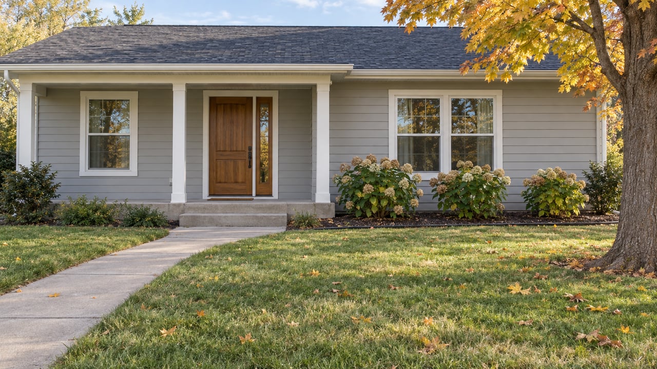 A light-gray one-story home with a covered wood-door entry, deep lawn, drying hydrangeas and an amber maple in afternoon light.