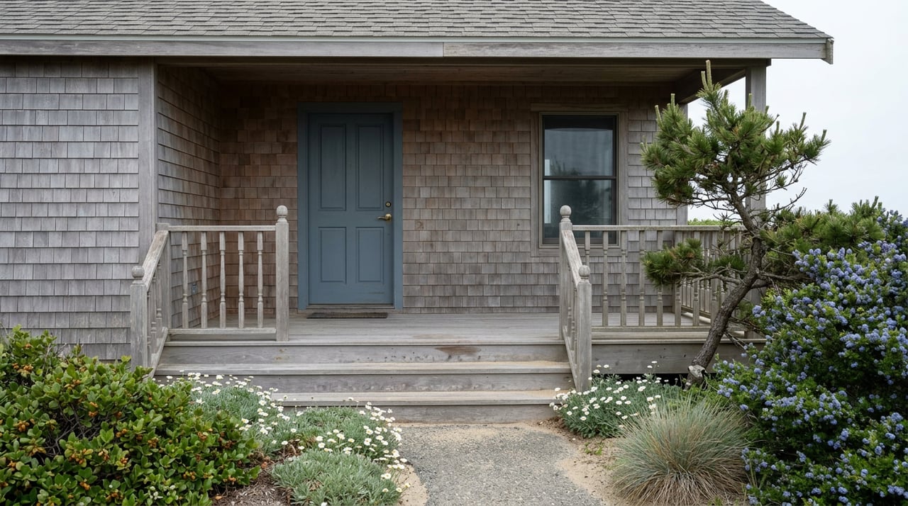 A weathered coastal cottage porch with blue-gray door, sandy steps, and wind-shaped pine among plantings.