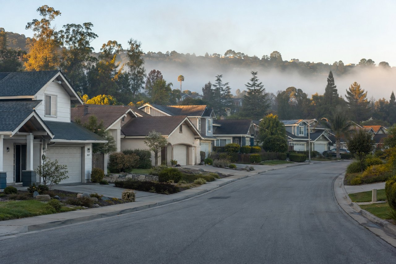 Different homes lining an established neighborhood reveal the range of choices competing for local buyers.