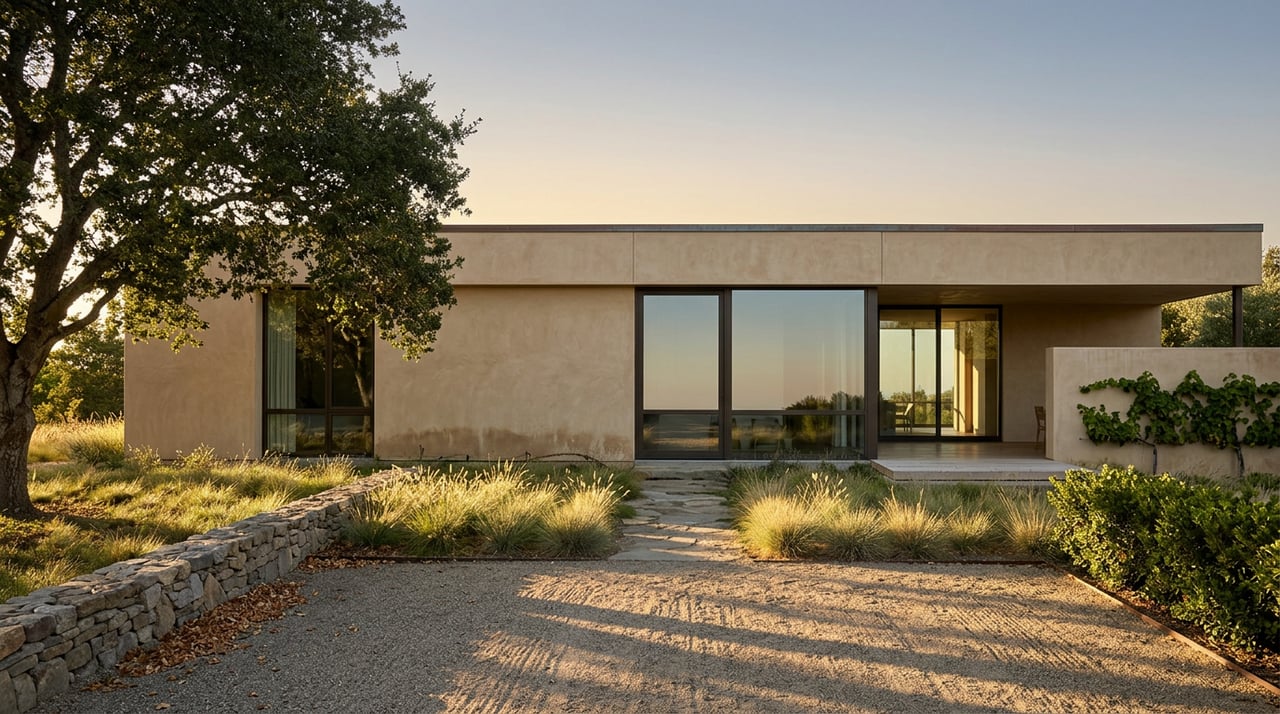 Contemporary stucco home behind a gravel motor court, native meadow, and spreading oak tree.