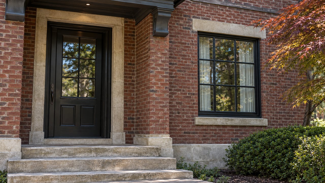 Historic red-brick house entry with a black door, divided-light window, limestone steps, and clipped garden plants.
