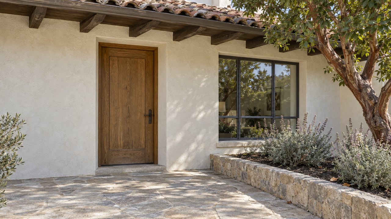 Sunlit stucco home entrance with an oak door, clay tile roof, sandstone terrace and a sculptural strawberry tree in a raised stone planting bed.