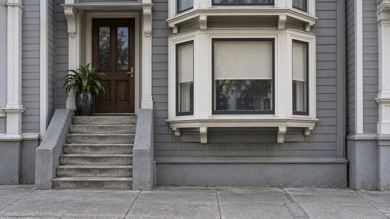 Gray wood-sided rowhouse with ivory bay-window trim, a recessed oak entrance and worn concrete entry steps beside a broad sidewalk.
