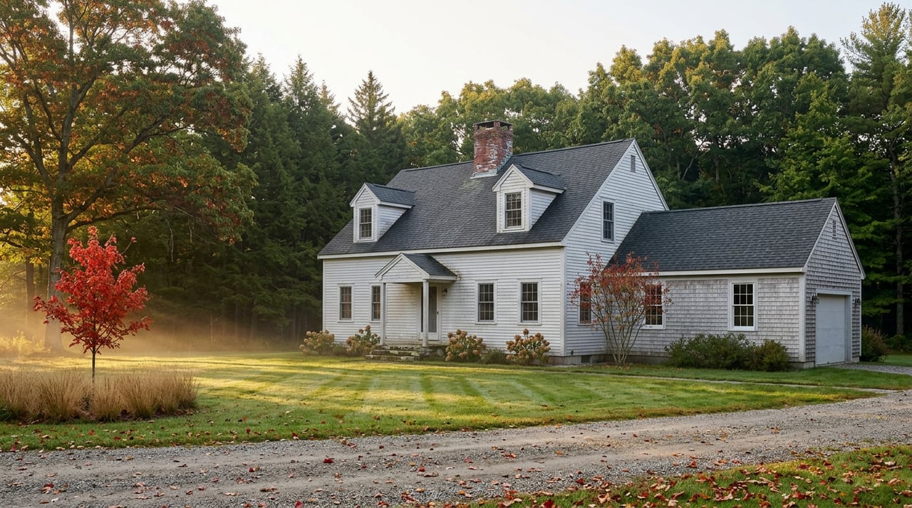 White two-story cape with a brick chimney, gravel drive, and misty autumn lawn backed by russet and evergreen trees.