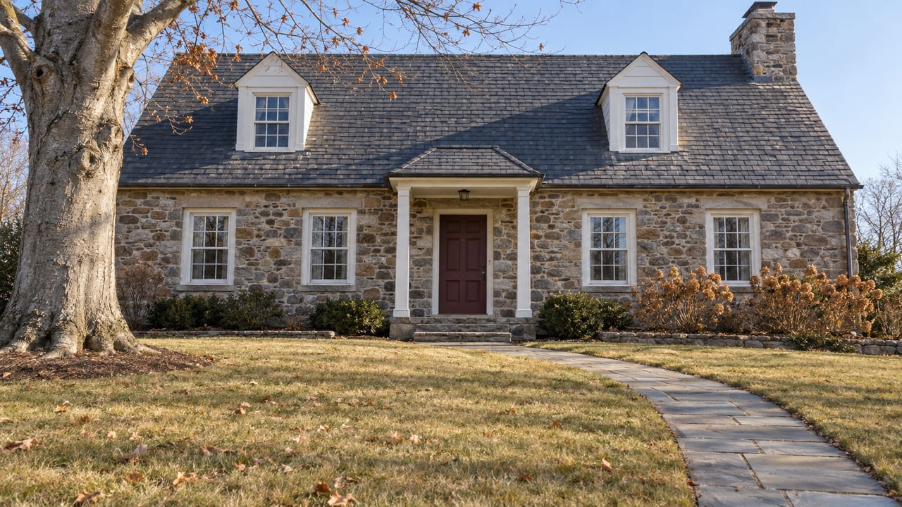 Fieldstone home with slate roof and white dormers behind a deep winter lawn, bluestone walk and bare beech tree.
