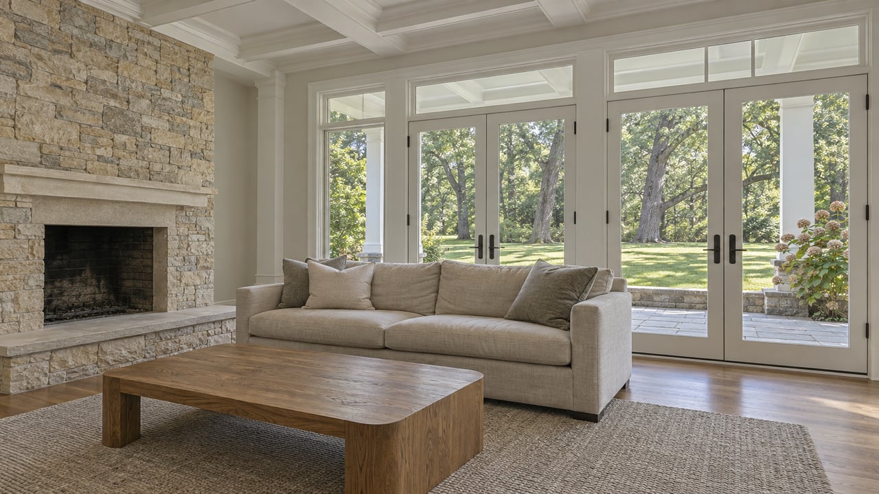 White coffered living room with a limestone fireplace, linen sofa, oak floor, and glass doors opening visually onto a covered stone patio and wooded lawn.