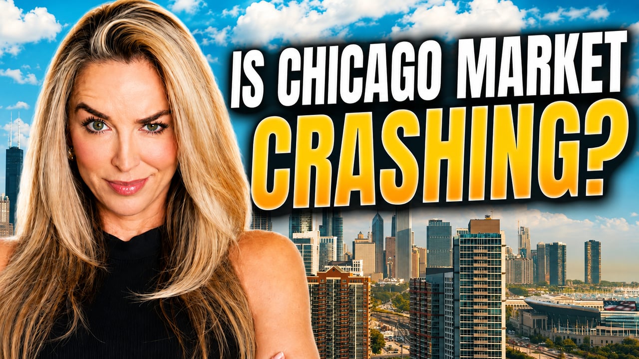 Chicago Realtor Dee Savic in front of the downtown Chicago skyline, with on-image text reading "Is Chicago Market Crashing?