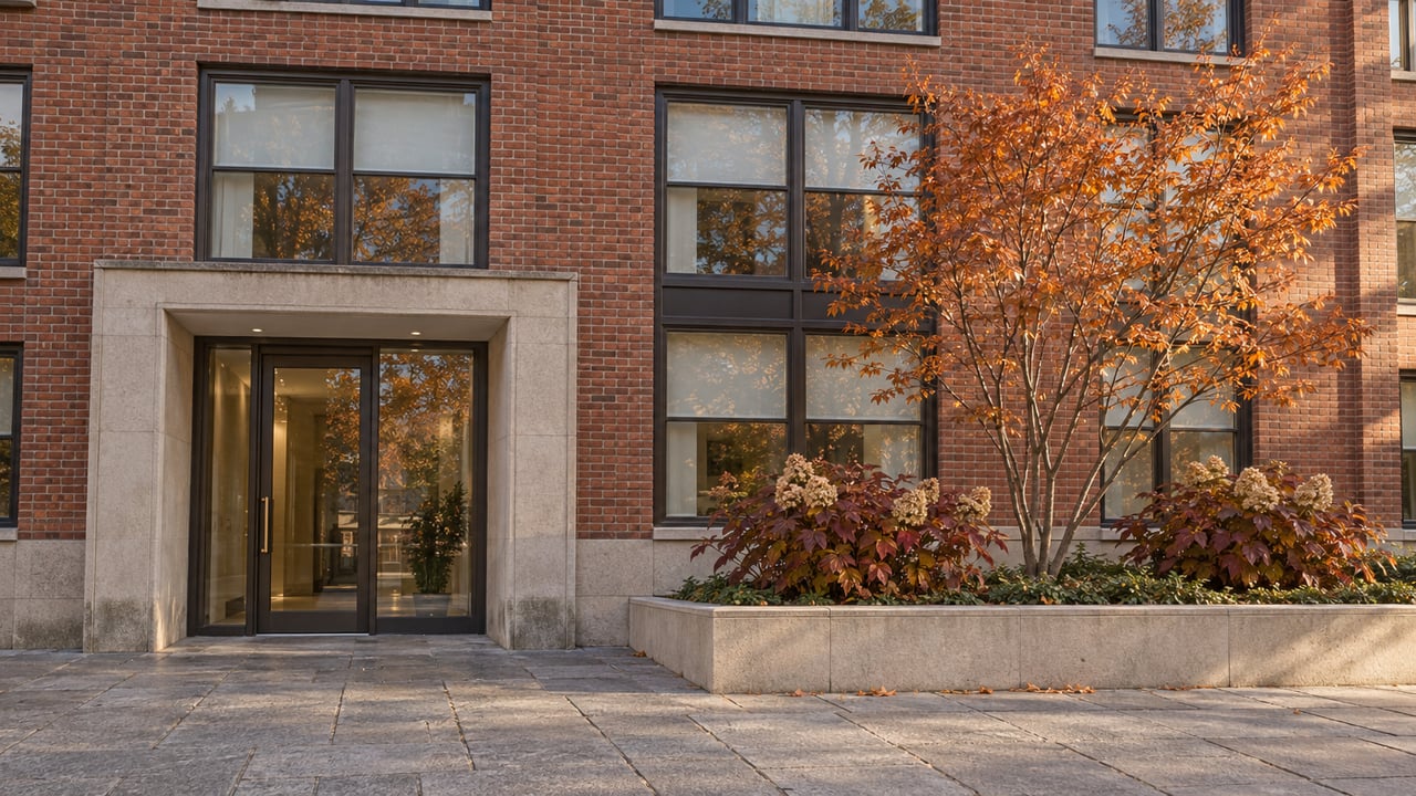 Sunlight grazes a red-brick residential facade above a limestone-framed glass entrance and granite forecourt with copper autumn foliage.
