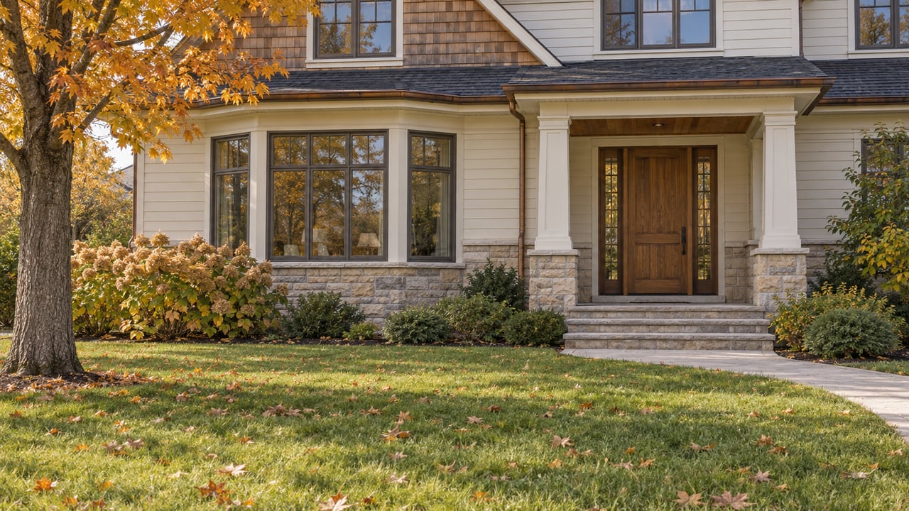 Autumn lawn and maple tree in front of an ivory clapboard home with cedar shingles, limestone accents and a sheltered oak front door.