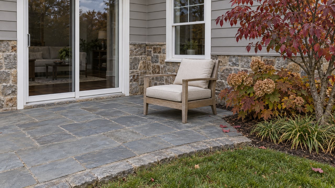 Stone patio beside a stone-and-siding home with closed glass doors, a weathered teak chair and autumn dogwood planting.