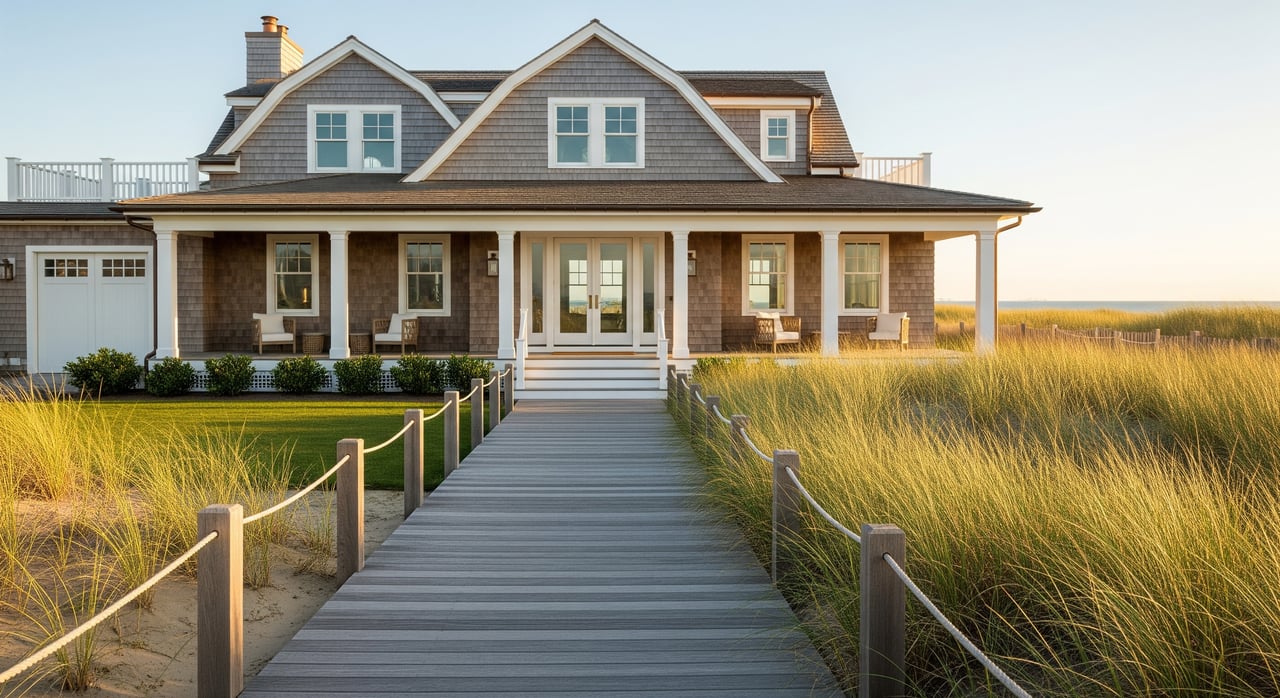 Shingled coastal house with dormer windows at the end of a boardwalk through tall beach grass.