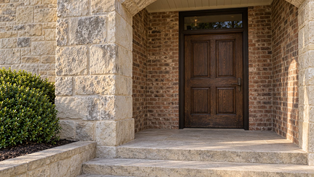 Close view of a limestone and brick entry with a dark oak door, glazed transom and gently worn stone steps.