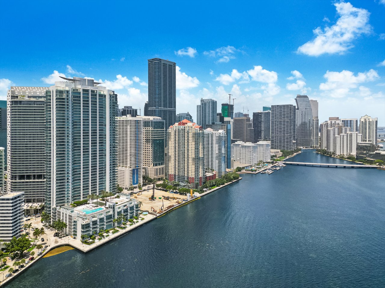 Aerial view of the Brickell waterfront and Biscayne Bay near Jade Residences in Miami