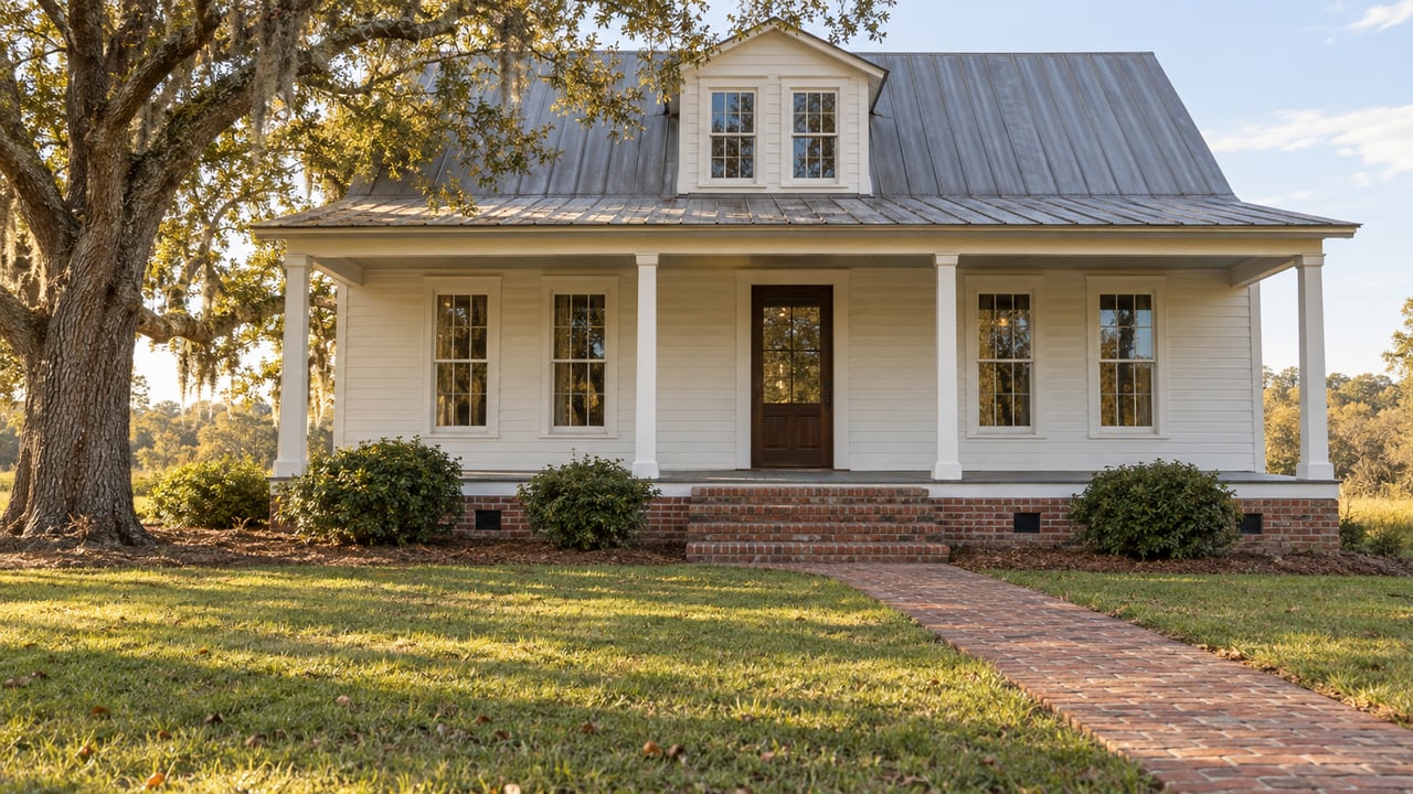 Ivory clapboard home with a metal roof and raised brick porch across a broad lawn beside a mature live oak.