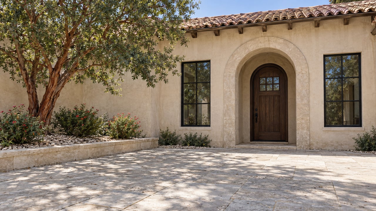 Sunlit limestone entry court at a cream-stucco home with a terracotta roof, arched oak doorway and cinnamon-barked madrone tree.