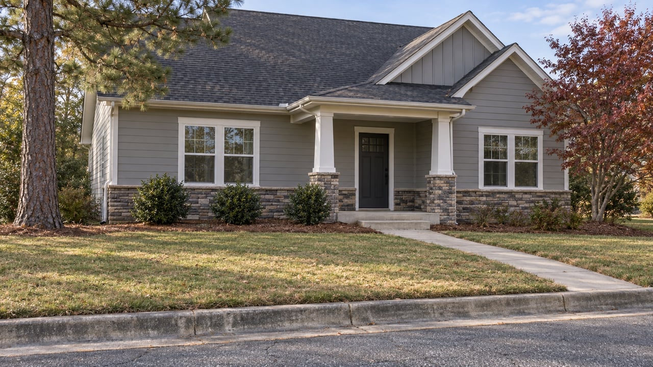 Gray gabled home with white porch columns, a broad front lawn, and autumn dogwood beside a curved concrete walk.
