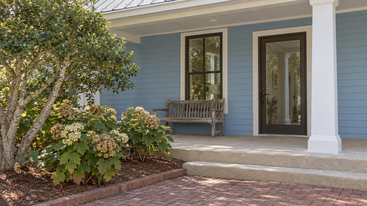Powder-blue cottage porch with white trim, bronze-framed glazing, brick approach and a sculptural yaupon holly.