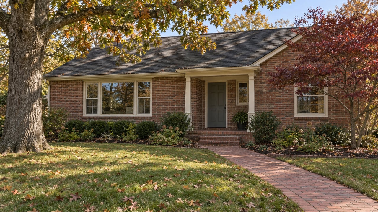Autumn light across a deep lawn and established brick cottage with a covered entry, mature oak and burgundy dogwood.