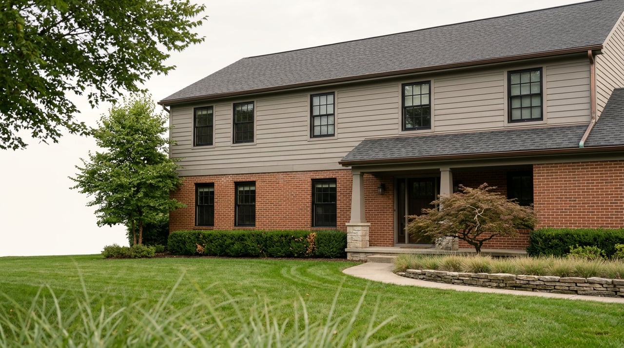 Two-story brick-and-gray-sided house beyond a broad lawn, with a covered entry, Japanese maple, and fieldstone walk wall.