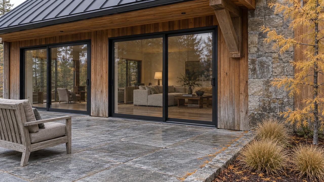 A timber-and-stone home's sheltered quartzite terrace, with closed glazed doors, a weathered teak chair and a golden-needled larch beside a stone curb.
