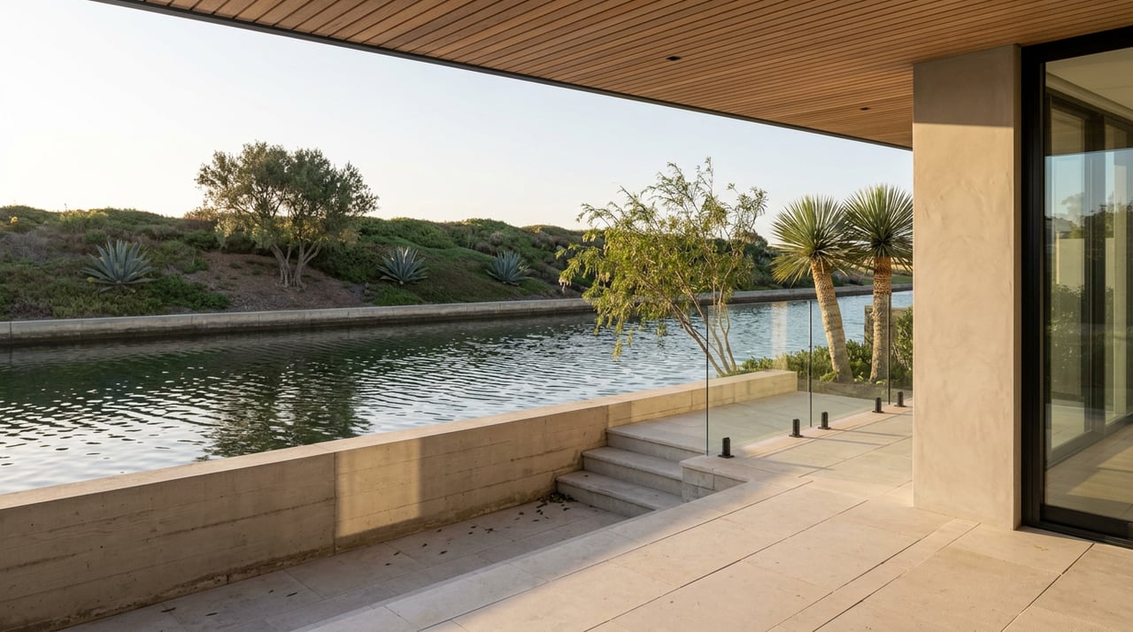 Stone terrace and quay stair beside a rippling inlet, with olive, agave, and yucca on the far embankment.
