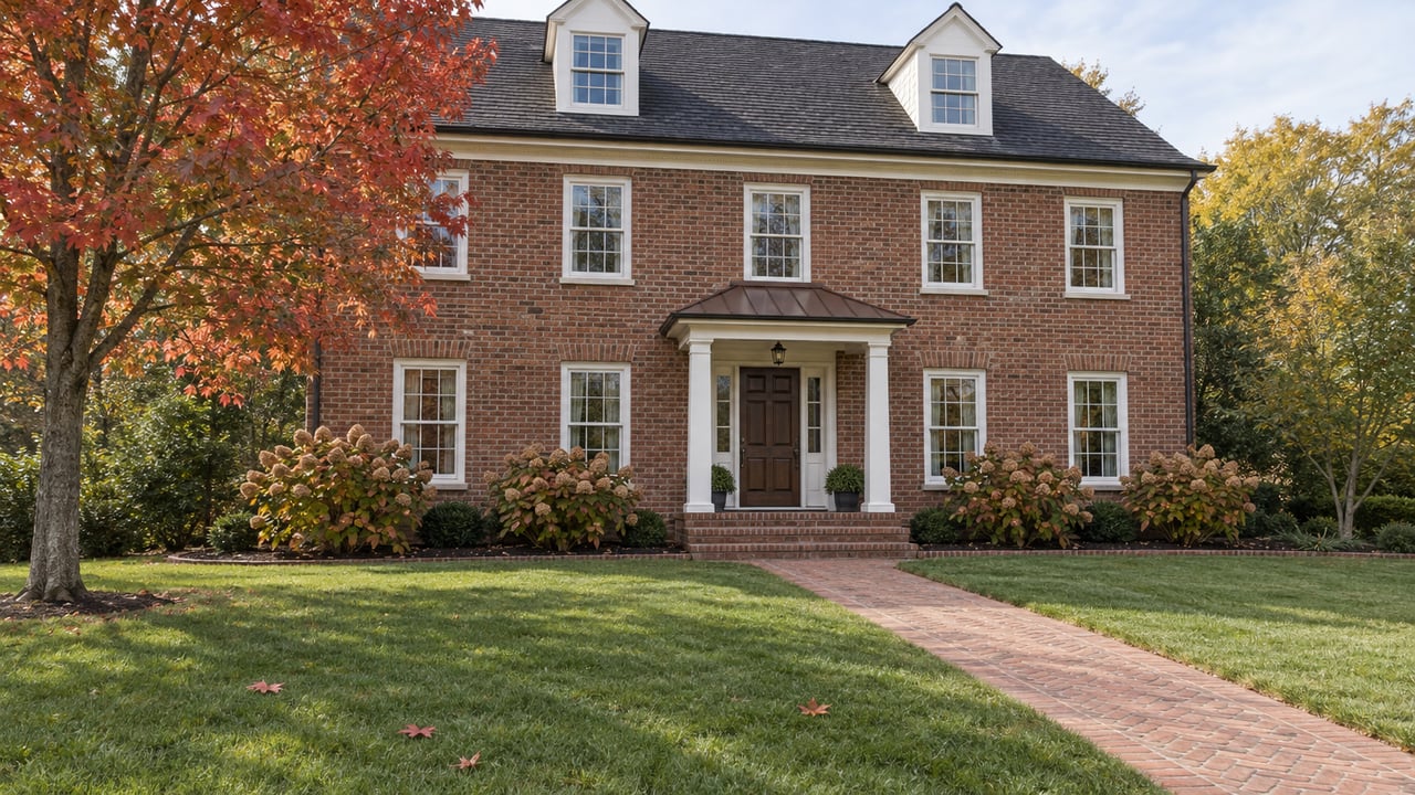 Traditional red-brick home with white dormers, a copper-roofed entry and a brick walk crossing a deep autumn lawn.