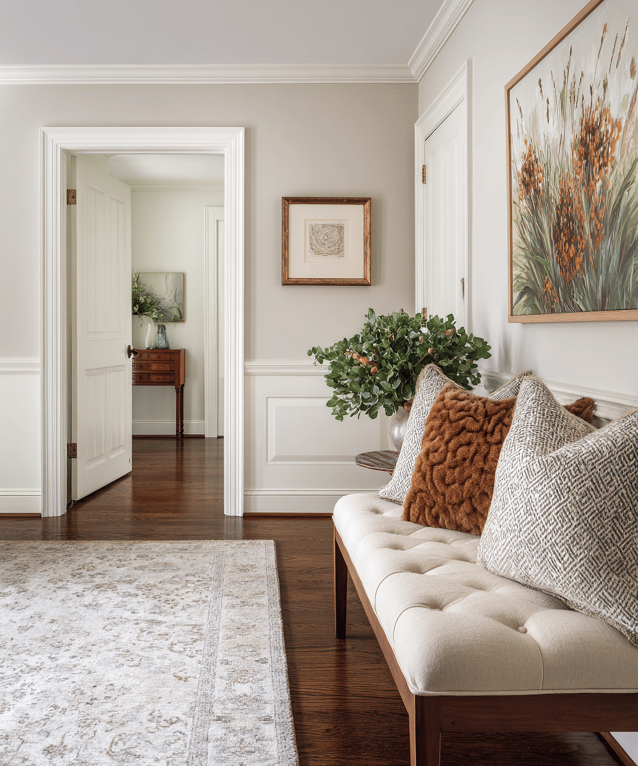 Living room with a cream tufted sofa, layered pillows, dark wood floors, and an open doorway.