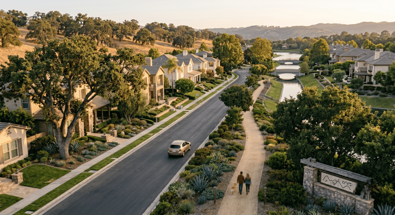 Residential neighborhood with large homes, mature trees, and a walking path beside a waterway.
