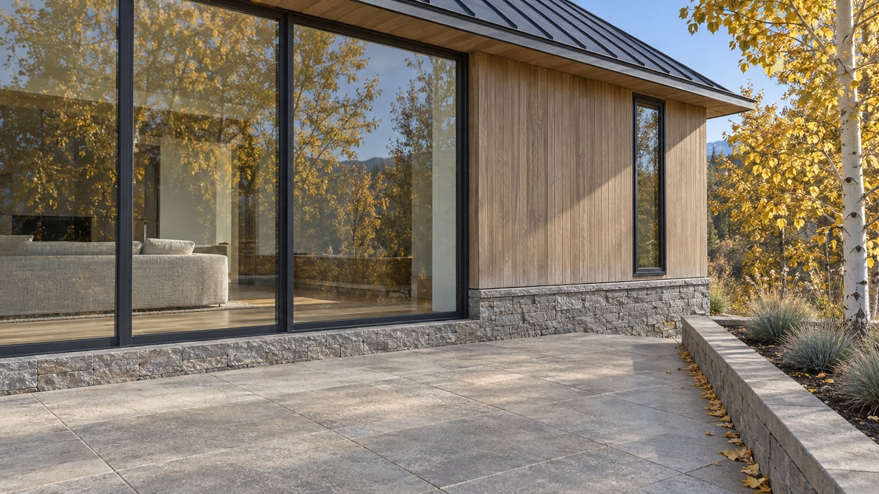 Contemporary wood-and-stone home with tall black-framed windows beside a stone terrace and golden-leaved aspen.