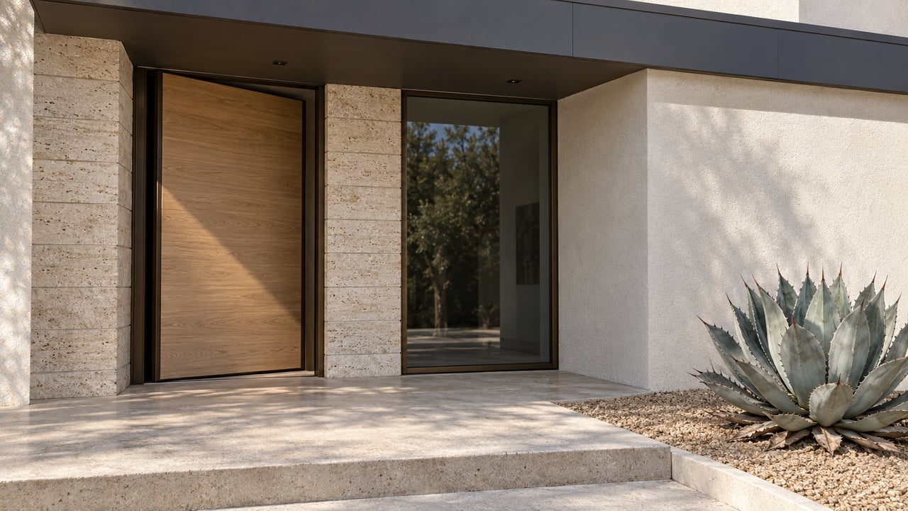 A shaded oak entry and bronze-framed window beneath a flat roof, with cream limestone, a concrete landing and one blue-gray agave.