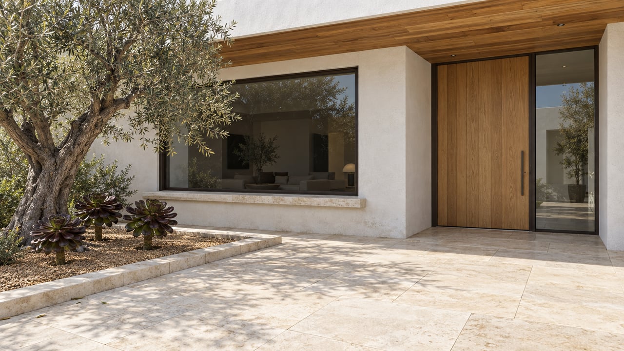 White stucco home with cedar overhang, oak entry door, bronze-framed glazing and a limestone terrace beside a sculptural olive tree.