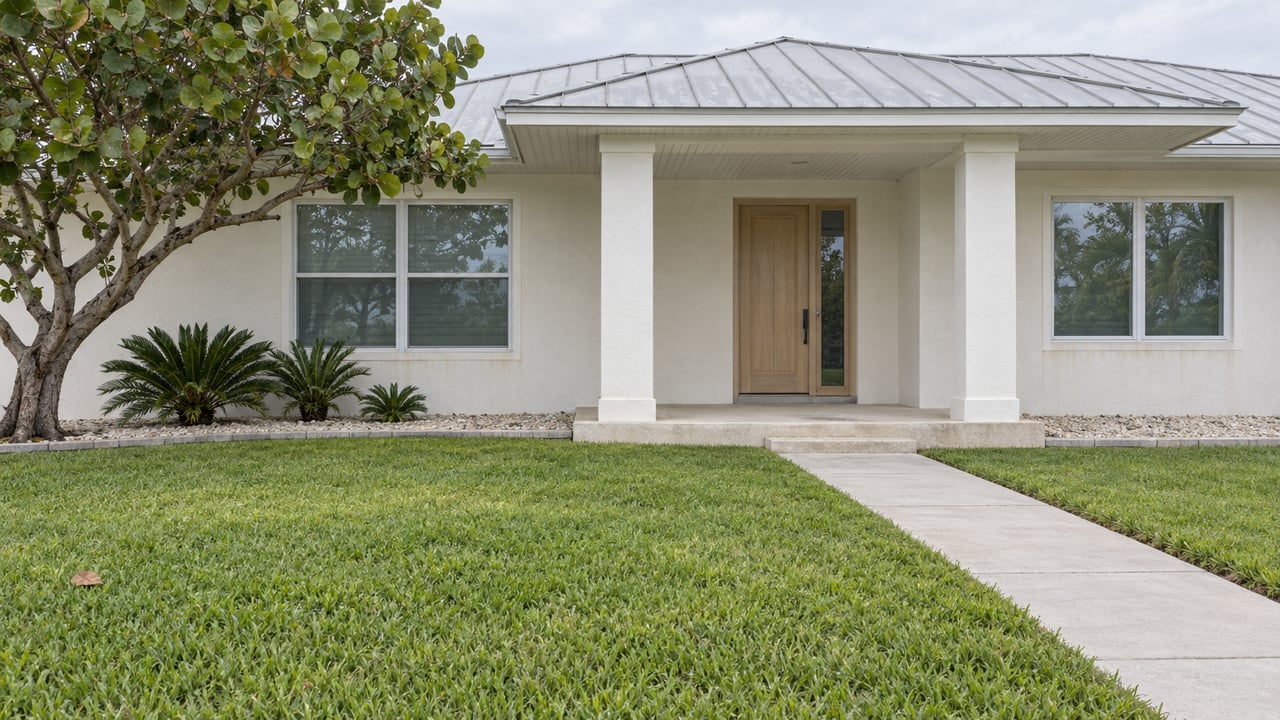 Warm-white single-story home with a covered porch, pale metal roof, deep front lawn and a sculptural sea-grape tree.