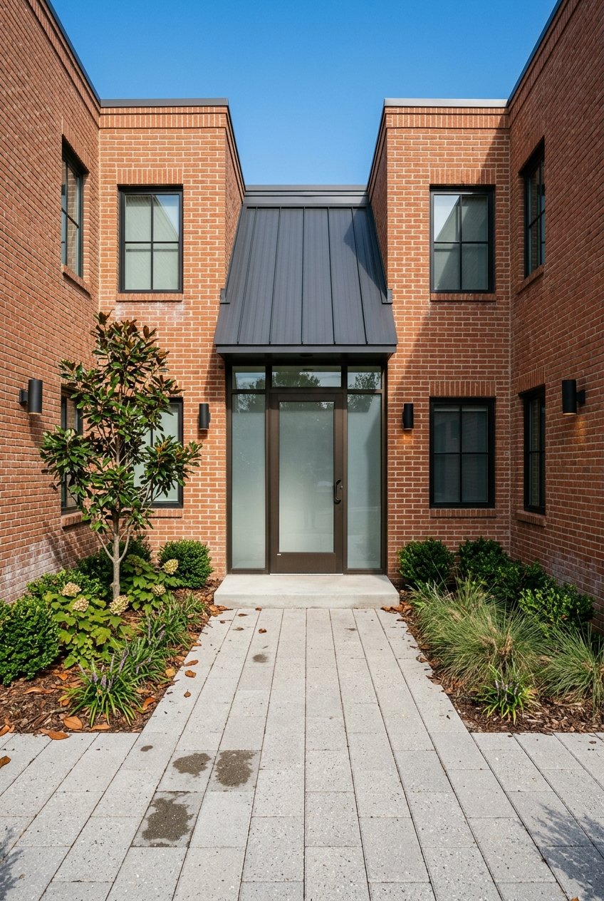 Brick courtyard entry with glass door beneath a metal canopy, flanked by magnolia and hydrangea beds.