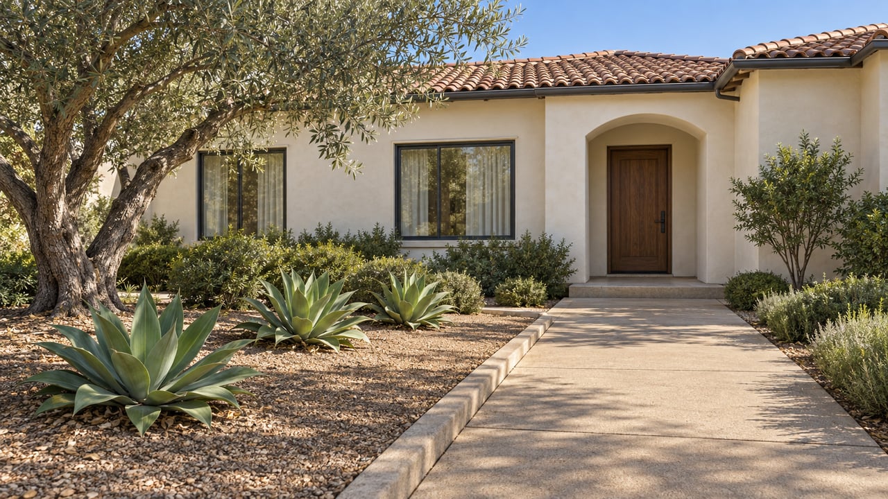 Sunlit ivory stucco home with a tiled roof, arched walnut entry, olive tree and agave planting beside a broad concrete walk.