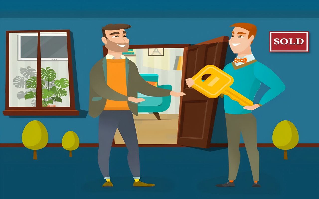 Real estate agent hands a buyer a large yellow key beside a SOLD sign.